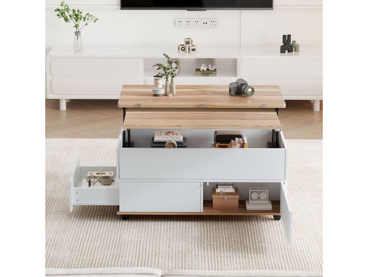 BEL Table Basse 100x98x65cm Blanc/Bois Naturel Hauteur Réglable Rangement Dissimulé Étagère Roulettes Tiroirs Multifonction