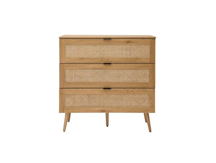 Kommode aus hellem Holz, Rattangeflecht und schwarzem Metall 3 Schubladen L100 cm MANILLE