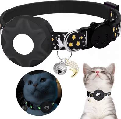 Inspire Curations Glow Moon AirTag Pet Collar Reflective Breakaway Tracking Collar For Cats & Small Dogs black(no Tracker) included