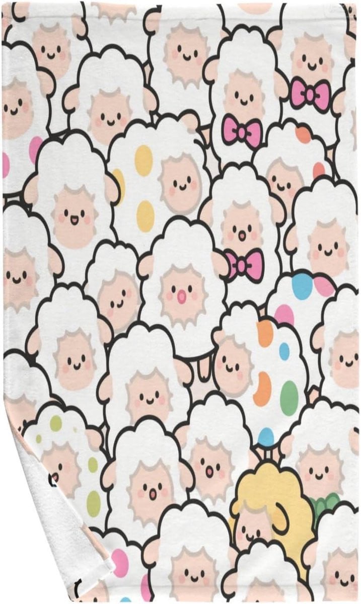 Wit Katoenen Handdoek met Wit Schaap Cartoon Print - 40 x 65 cm