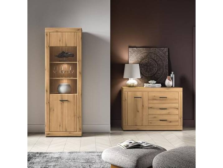 Lomadox Wohnzimmer-Set in Eiche modern mit Vitrine & Kommode inkl. Beleuchtung, 2-teilig
