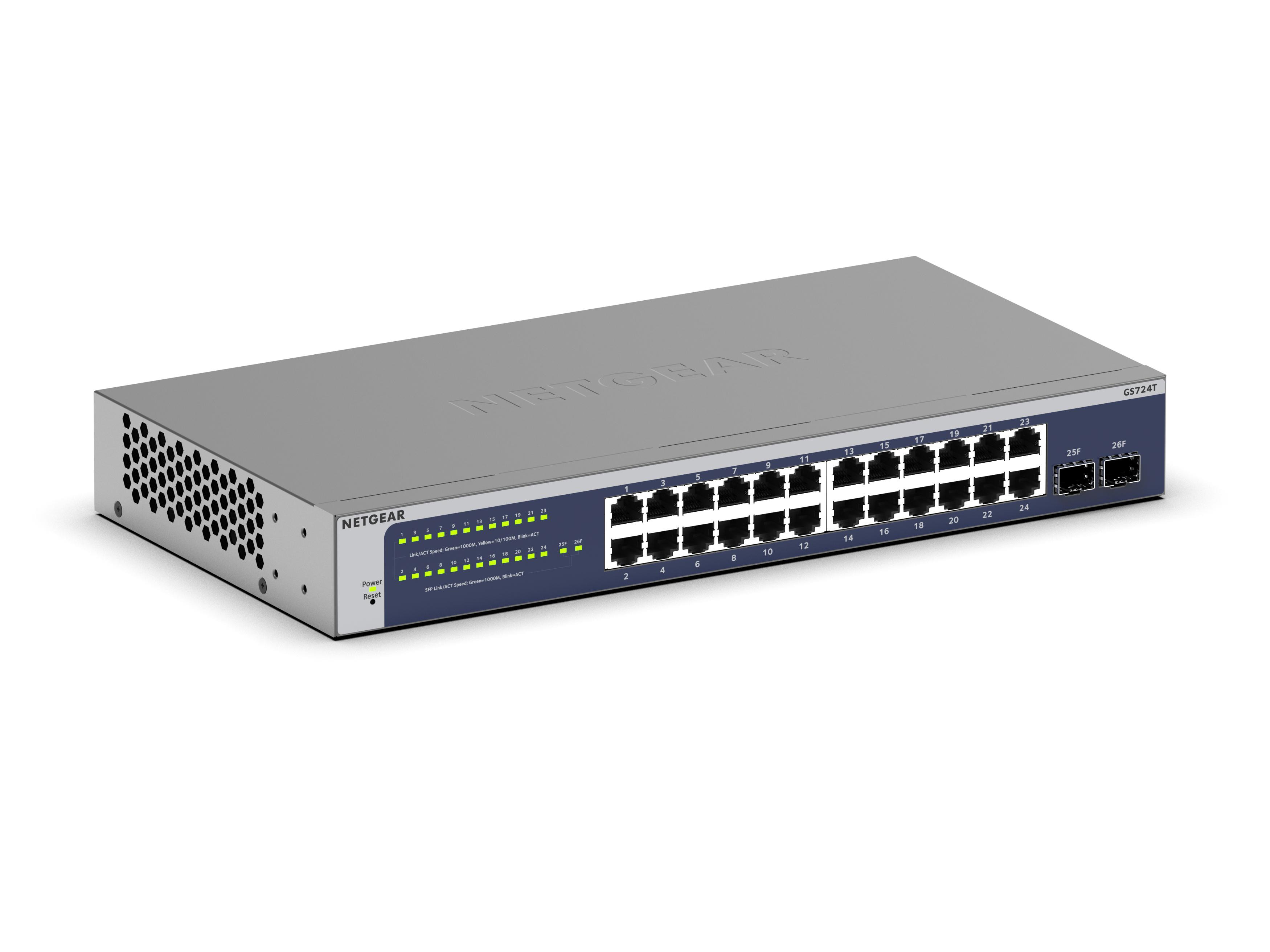 NETGEAR 24-Port Gigabit Ethernet Smart Switch (GS724T) Managed, optional mit Insight Cloud Management für 1 Jahr, mit 2 1G SFP, Desktop & Rack-Mount GS724T-600EUS