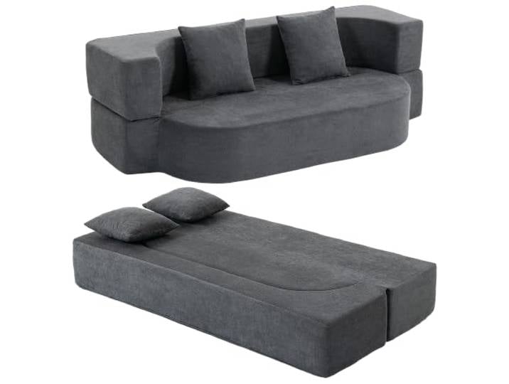 HOMCOM Schlafsofa 2-Sitzer Bodensofa Klappbar Sofa Bett 190 cm Dunkelgrau Ohne Gestell, Mit Armlehnen, 2 Kissen, Bequeme Schlafcouch, Chenille-Optik, Wohnzimmer, Schlafzimmer