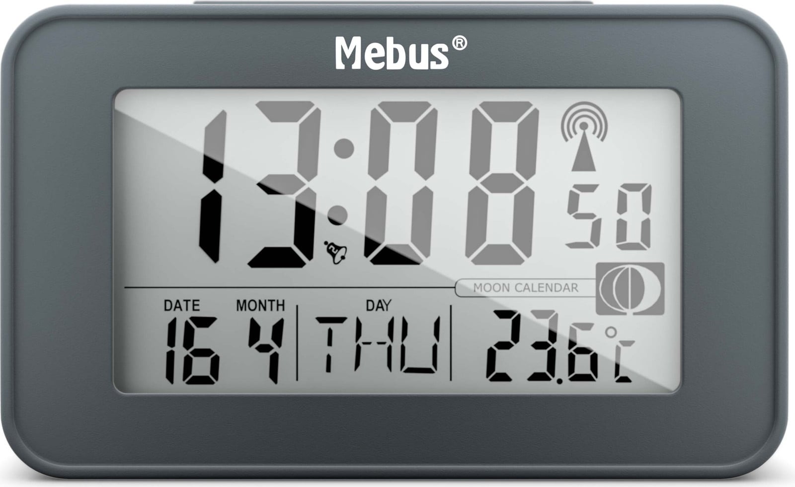 Mebus Digitale wekker met maanstandindicator, verlichting, binnenthermometer, 2 alarmtijden en snooze-functie