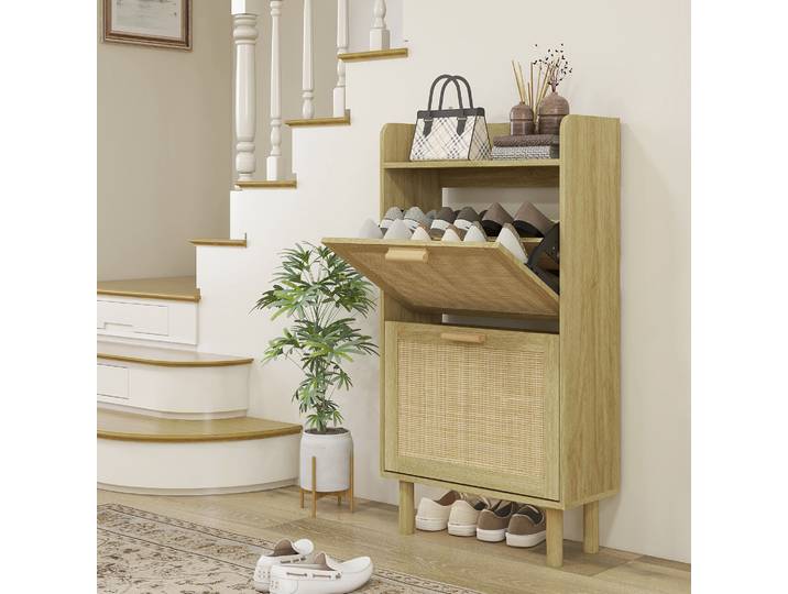 HOMCOM Meuble à Chaussures Rotin 2 Portes Bohème 80x24,5x110 cm