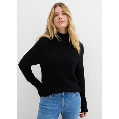 Strickpullover BONPRIX, Damen, Gr. 40/42 (M), schwarz, Obermaterial: 100% Baumwolle, loose fit, Pullover Strickpullover, aus reiner Baumwolle, Loose Fit, mit Stehkragen, im Casual Stil