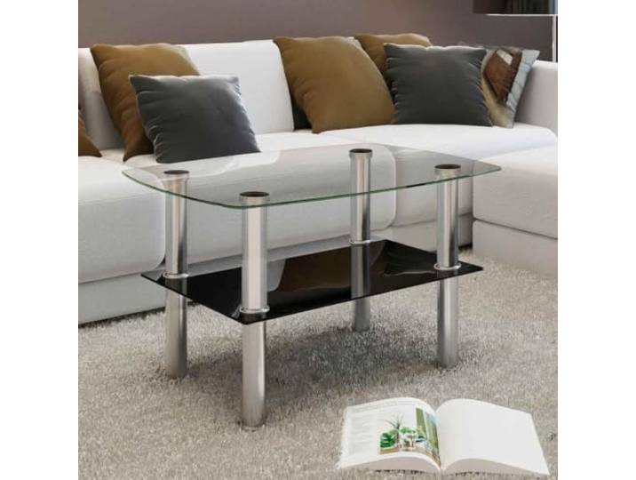 HEFZGDB Glastisch Couchtisch mit Ablage und Edelstahlbeinen, robuster Hartglas Tisch für Wohnzimmer, Büro, Café, Bar oder Hotel, modernes Design mit praktischer Ablagefläche