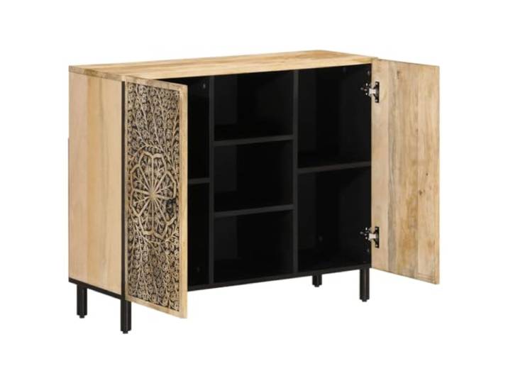 KKgypkn Beistellschrank 90x33x75 cm Massivholz Mango Handgeschnitztes Blumenmuster, Eisenbeine, viel Stauraum, Dekoartikel geeignet