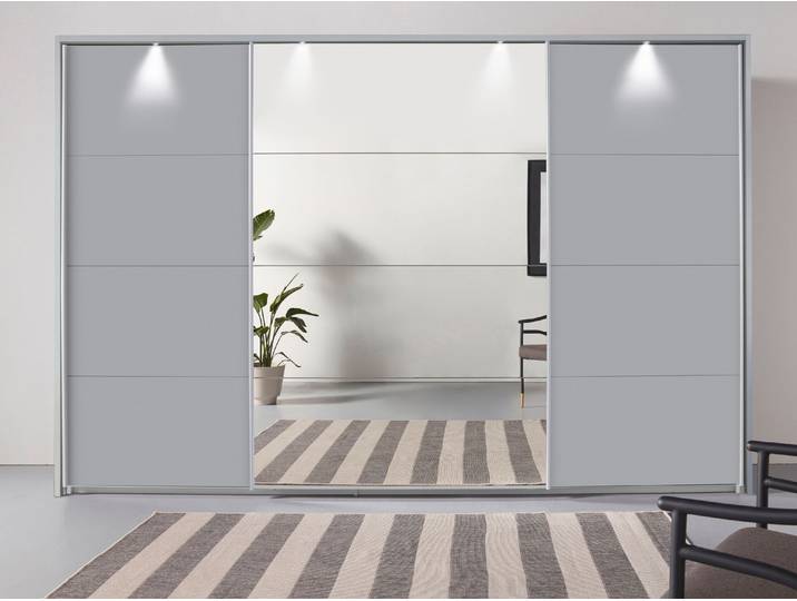 Schwebetürenschrank, Grau, 323x233x68 cm, Holzwerkstoff, Mit Mittelspiegel & Beleuchtung, Klassisch, Rauch