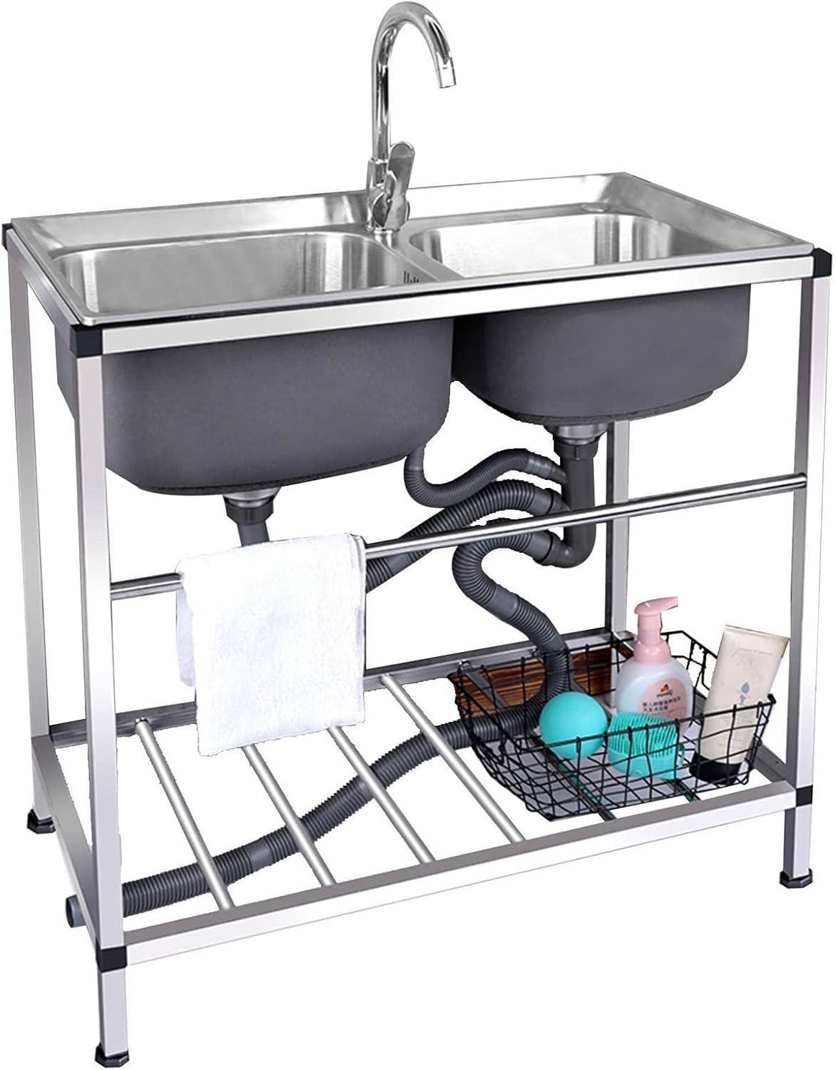 Freistehende Küchenspüle aus Edelstahl, Doppelbeckenspüle mit heißem und kaltem Wasserhahn, Spülbecken für den Außenbereich, Waschküche