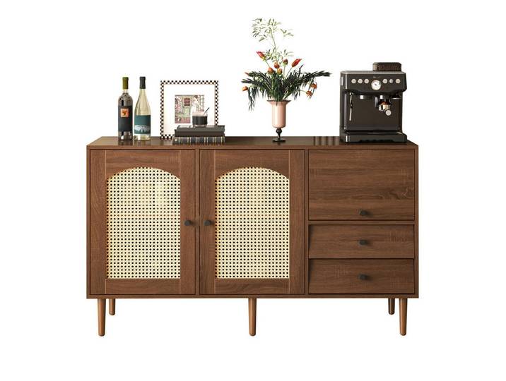 SeedWave Sideboard Retro Kommode, mit Rattantüren, 2 Schubladen, 1 umklappbarer Tür, Verstellbare Einlegeböden, Ausgehöhlte Rattantüren, Magnetverschluss