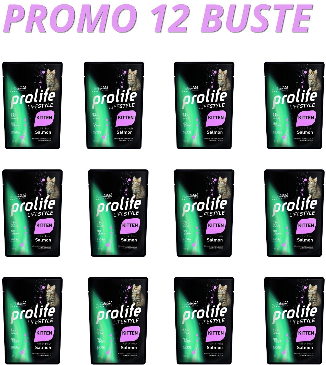 12 x 85 g Prolife Cat Lifestyle Kitten Salmone Umido per Gattini