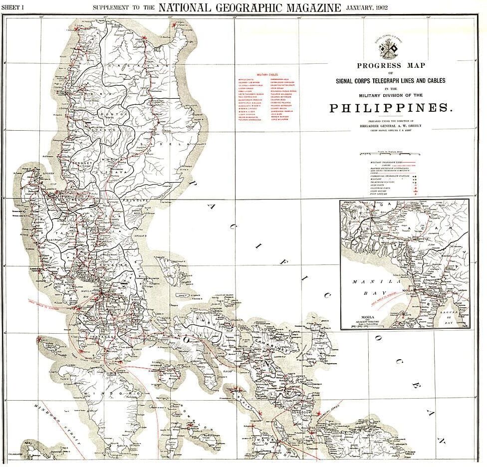 National Geographic Historic POD Carte nord des lignes télégraphiques militaires des Philippines de 1902