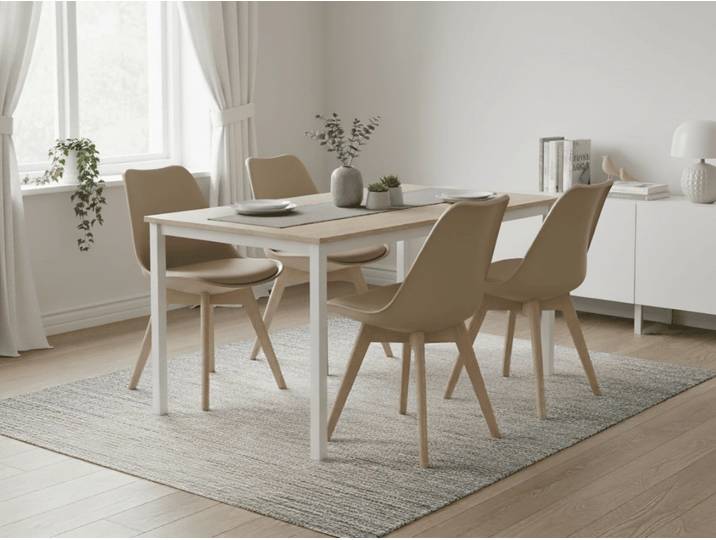 Essgruppe 1 + 4, weißer Tisch TESSA 120x60 cm Dekor Eiche + beige Stuhl BALI MARK mit Buchenholzbeinen