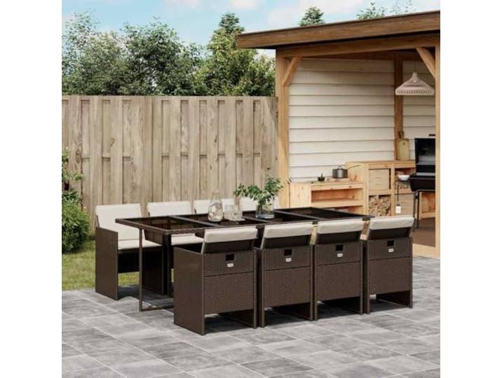 ZQQLVOO 9-TLG PE Rattan Essgruppe Braun Klappbare Gartenstühle Dick gepolsterte Kissen, abnehmbare waschbare Bezüge, Tischplatte aus Hartglas, platzsparende Aufbewahrung
