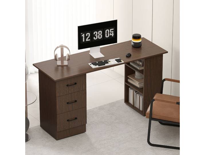 HOMCOM Bureau Moderne Bois 120x49x72cm 3 Tiroirs 3 Étagères Noce
