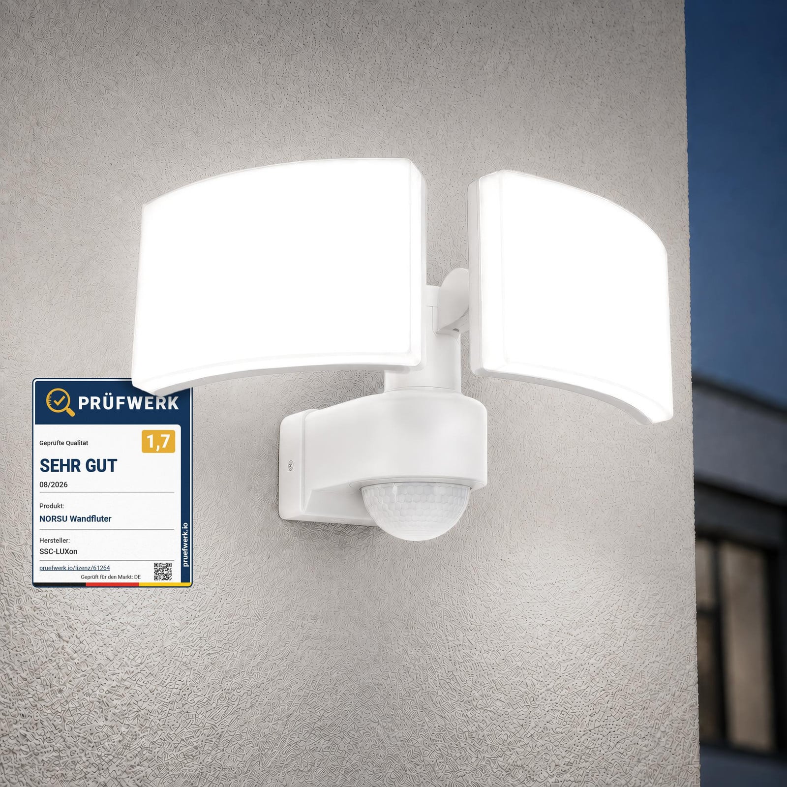 SSC-LUXon NORSU buitenlamp met bewegingsmelder en schemersensor, dubbele LED-straler, wit, IP65