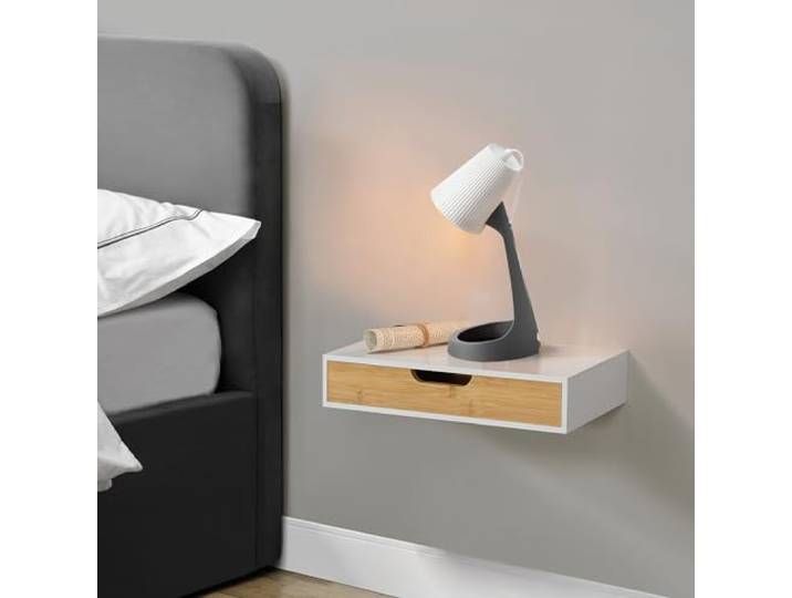 [en.casa] Wandregal Bokn mit Schublade Bambus Schweberegal Hängeregal Wandablage Wandboard Nachttisch-Ablage Weiß 40 x 24 x 8 cm Wandschublade