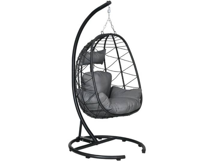Fauteuil suspendu avec structure – rotin PE noir – coussins inclus – housse imperméable – 150 kg