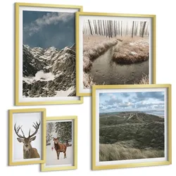 BILDER SET 5er Set - 50x50 cm & 20x30 cm & 40x60 cm Goldrahmen - Berge, Schnee, Hirsche, Waldlandschaft