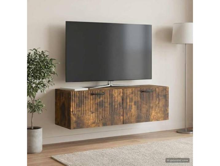 Wandmontierter TV-Schrank Geräucherte Eiche 98x31x30 cm mit Pendeltüren Schwebendes Design, Holzwerkstoff, 90° Pendeltüren, schwarze Griffe, einfache Reinigung