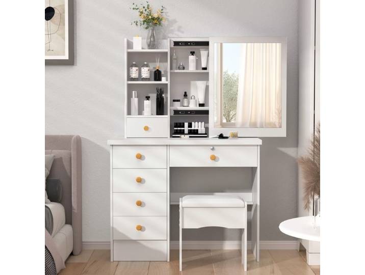 Coiffeuse avec Miroir - Tabouret Confortable - L'espace de rangement est suffisant - 6 Tiroirs 6 étagères - 80x122x37cm