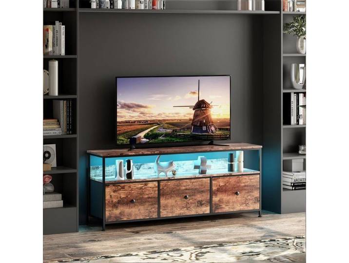 Meuble TV Meuble TV LED Meuble TV haut 3 Tiroirs en tissu de rangement pratique LED 108×30×57 cm structure acier Marron rustique