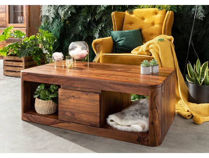 Couchtisch Sheesham 118x65x40 walnuss gewachst, modernes Design, grifflose Optik, abgerundete Kanten, große Schublade