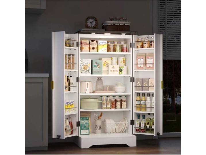Buffet de cuisine 2 portes SENVIRO avec éclairage LED à capteur étagères réglables et rangements de porte blanc