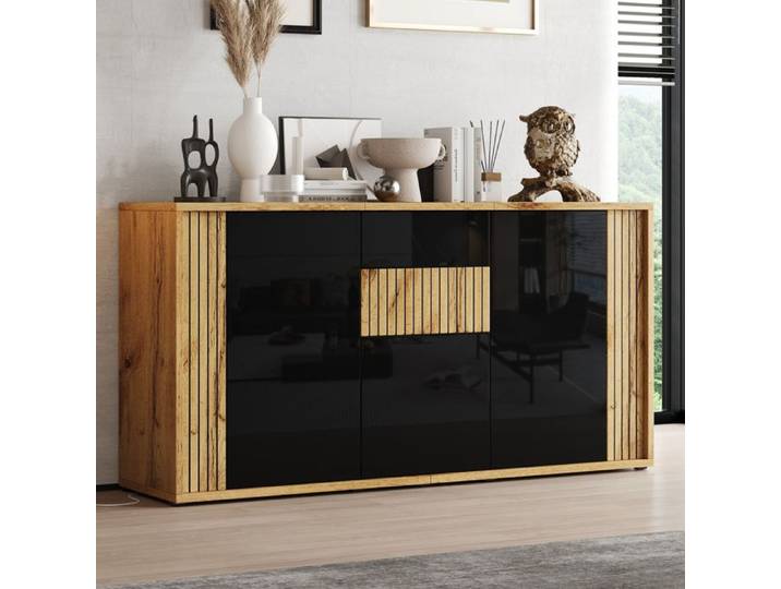 Modenuit buffet bas 140 x 35 x 71 cm 3 portes push-to-open noir brillant et décor bois