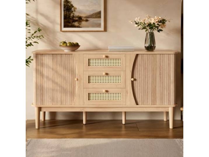 DUlVBPE Sideboard, Rattankommode, Kommode mit Schiebetüren, verstellbaren Einlegeböden und Abgerundeter Platte.
