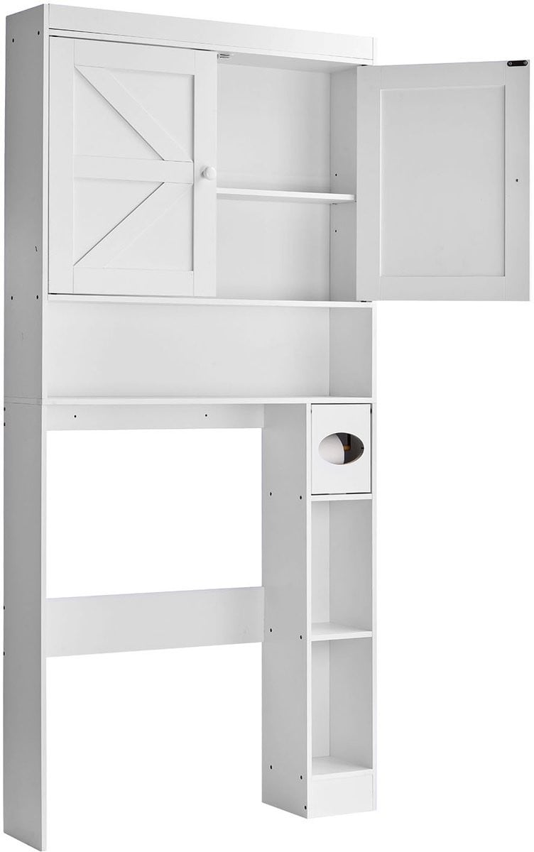 Moderne witte badkamerorganizer met dubbele deuren en open plank, vrijstaand en voorzien van interne planken