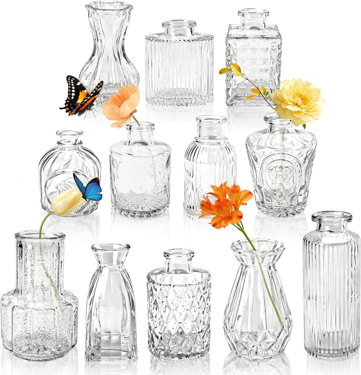 Set van 12 glazen bud vazen voor decoratie en bloemstukken