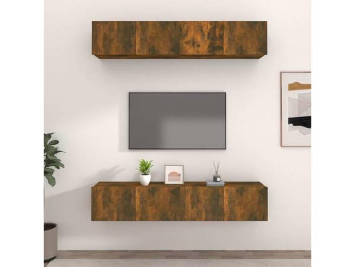 HEFZGDB TV-Schrank Set 4 Stück Räuchereiche 80x30x30 cm Holzwerkstoff mit Wandmontage und Stauraum Fächern für Wohnzimmer Einrichtung