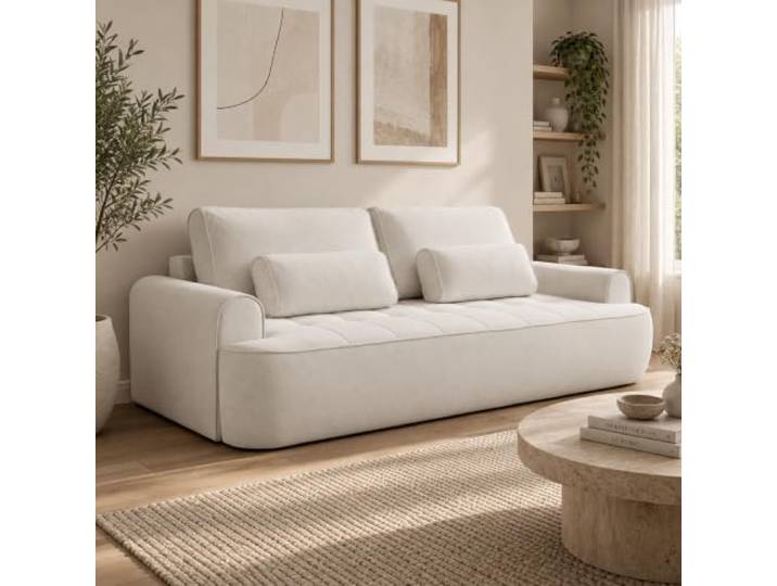 Home Collective Schlafsofa mit Bettkasten 250 cm Creme Gästebett, Ausziehcouch, Veloursstoff, Easy-Clean, quadratische Steppung, inklusive Zierkissen, Wohnzimmer Möbel