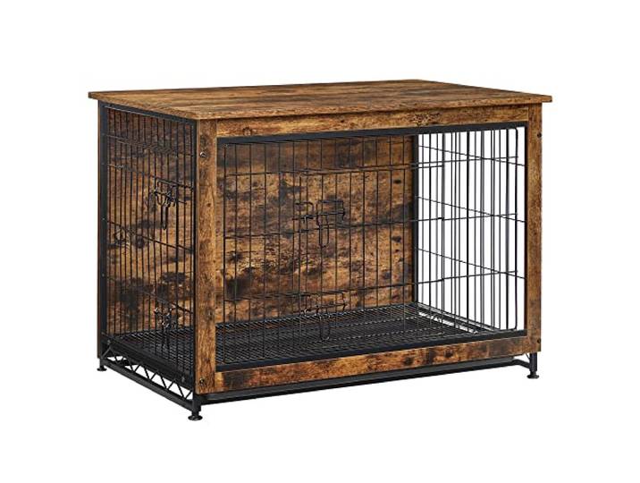 Feandrea Hundekäfig Möbel, Beistelltisch, für Hunde bis zu 32 kg, 2 Türen Hundebox, moderne Hundehütte, hochbelastbar, herausnehmbares Tablett, Gelbbraun und Schwarz, DEGWOOD Kollektion PFC003X01