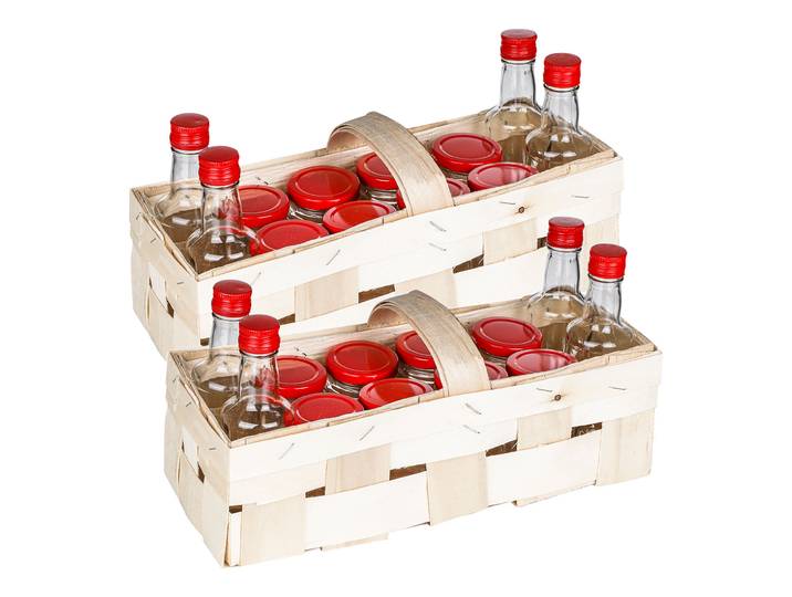 26-teiliges Einmachgläser Set im Holzkorb, 8 Flaschen und 16 Marmeladengläser