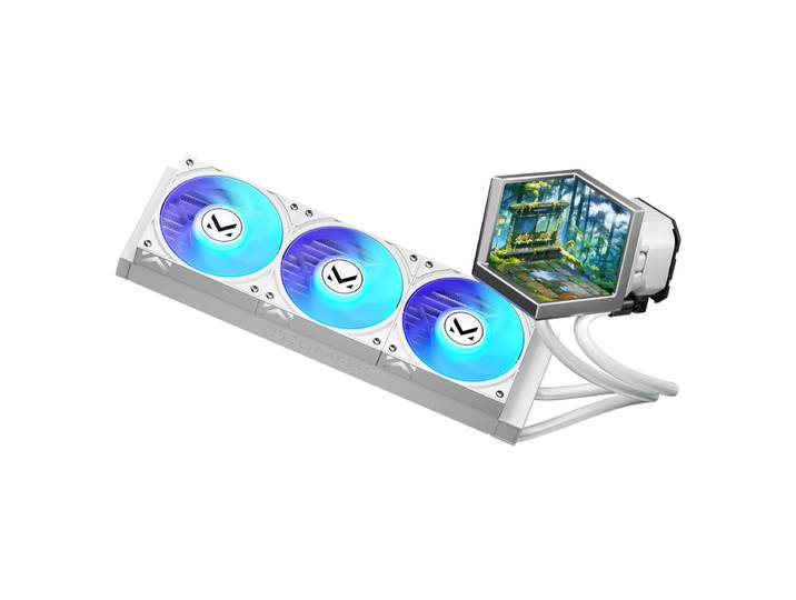 EXIT D3 360 White Refroidisseur de CPU AIO – Écran Triple 3,95 Pouces avec Effets Visuels 3D Sans Lunettes, Compatible Intel LGA 1851/1700 &amp; AMD AM5/AM4