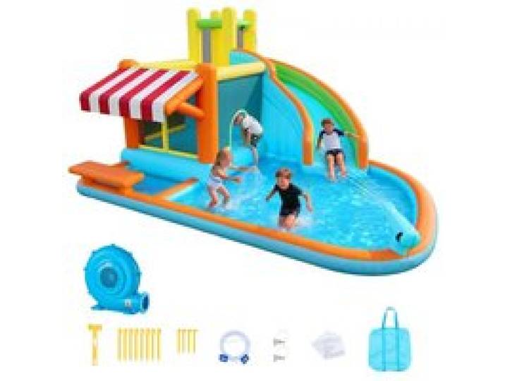 VEVOR Aufblasbare Wasserhüpfburg Outdoor (455 x 390 x 238 cm), Hüpfburg mit Wasserrutsche & Hüpfburgelementen & Hoher Rutsche & Planschbecken & Spielmarktstand, für 3–4 Kinder (3 bis 8 Jahre Alt)
