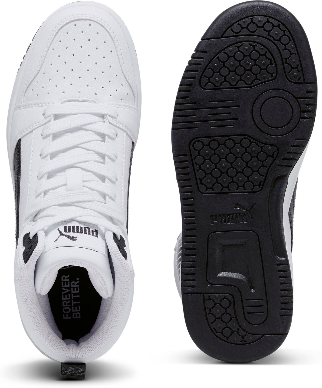 Sneaker PUMA "REBOUND V6 MID JR", Jungen, Gr. 38,5, schwarz-weiss (puma weiß, puma schwarz), Synthetik, Schuhe Sneaker, knöchelhoch, retro-inspiriertes Design, mit SOFTFOAM+ Dämpfung puma weiß, puma schwarz 38,5