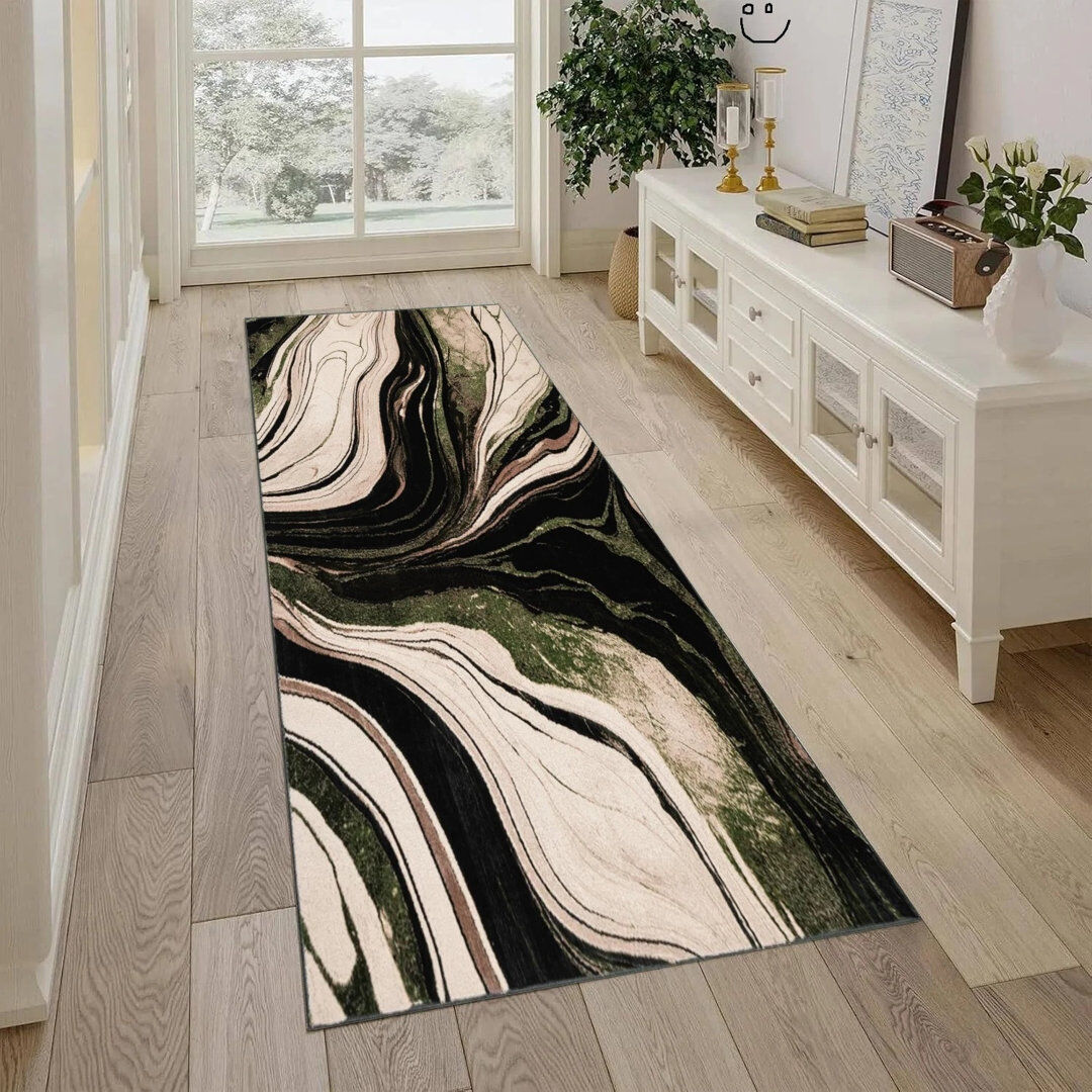 Brayden Studio Abstract Flokati Area Rug Green Runner 60 x 300 cm