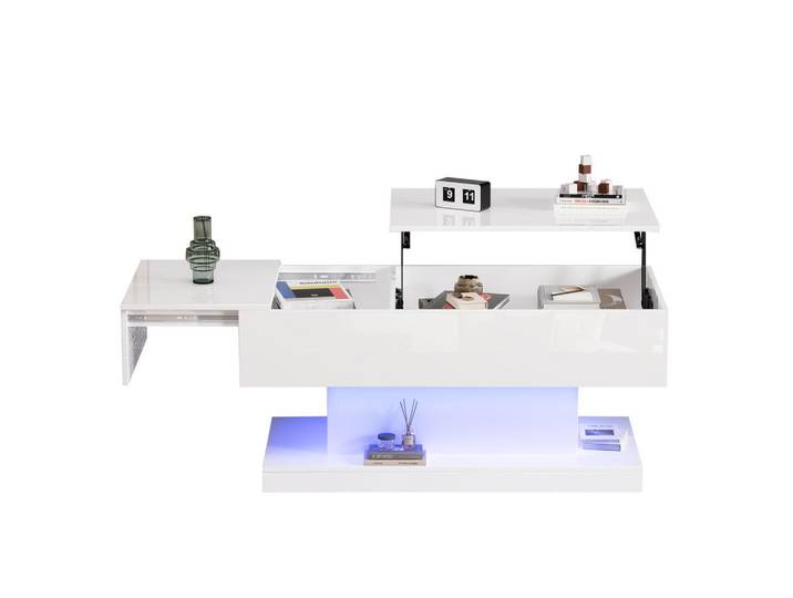 Flieks Couchtisch 100x50cm Weiß Hochglanz LED Hydraulik Lift Verschiebbar, Holz, 59.66x14.5x109.75 cm, Wohnzimmer, Wohnzimmertische, Couchtische