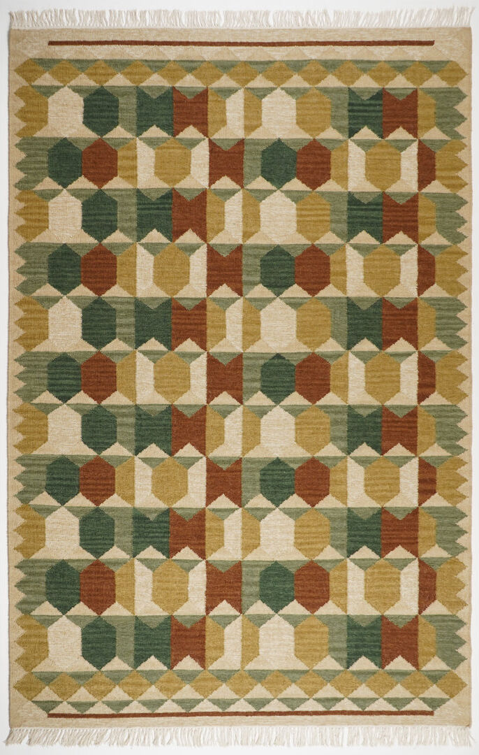 Ivy Bronx Livianne Natural Wool Kilim Pattern Hand Woven Area Rug - Modern Geometric Design- Green Rectangle 120 x 170 cm