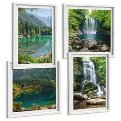 BILDER SET 4er Set - 50x50 cm & 40x60 cm Weißer Rahmen - Wasserfälle in grüner Umgebung
