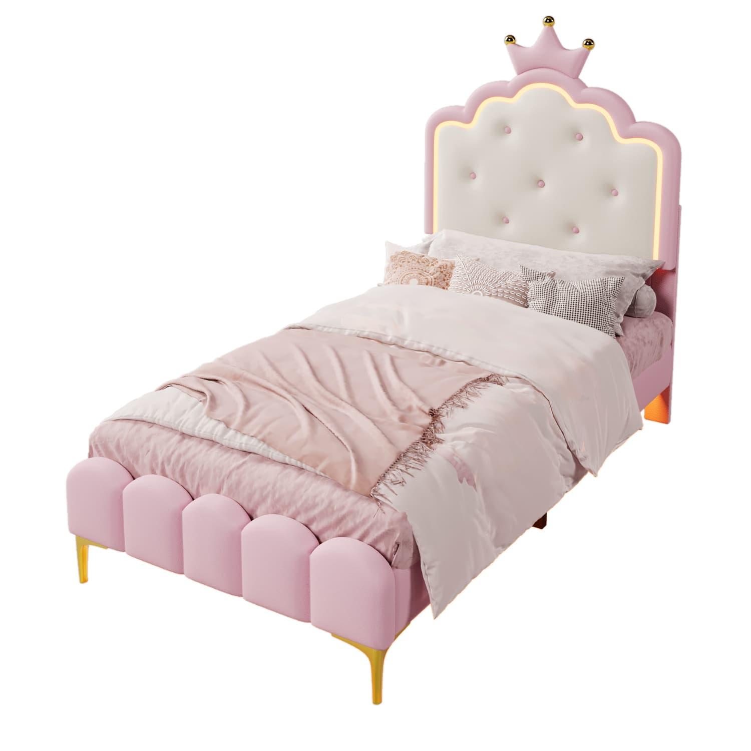 Polsterbett, 90 x 200 cm, mit Lattenrost (ohne Matratze), Ambiente-Licht mit Fernbedienung, Kronprinzessinnenform, Material PU, Rosa