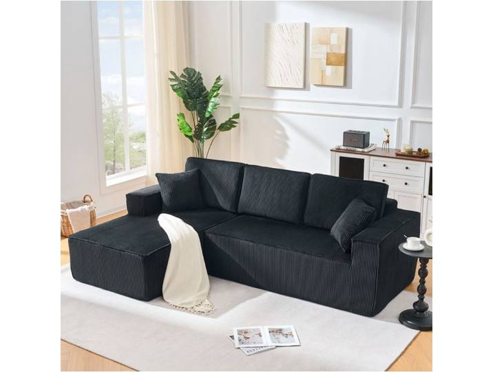 JOINERY canapé angle modulable compressé velours côtelé noir méridienne 235 x 128 x 60 cm 2 coussins salon appartement