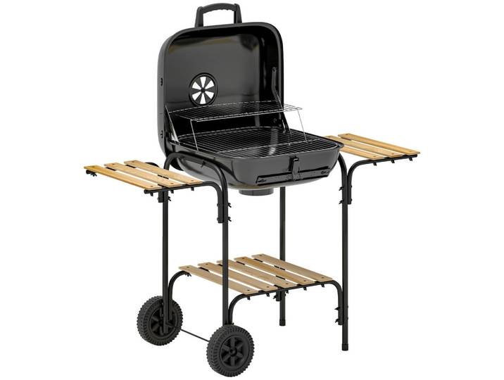 Outsunny Holzkohlegrill Stahl Tannenholz Schwarz, Metall, 54x91x98 cm, Grills, Holzkohlegriller