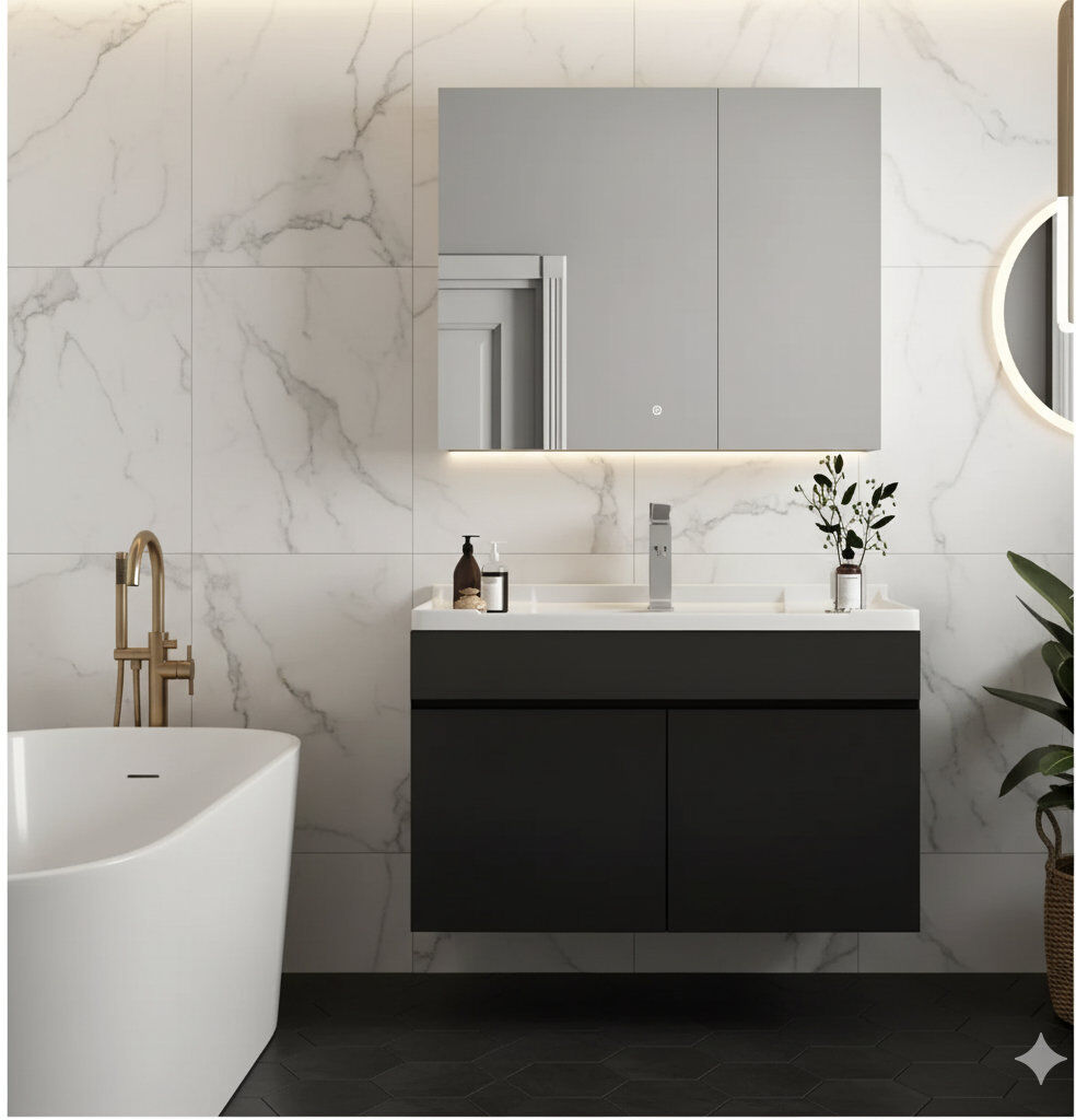 17 Stories Bathroom Furniture Suite-Grey & Black Bathroom Storage-Bathroom Set with Mirror-Grey Vanity Unit