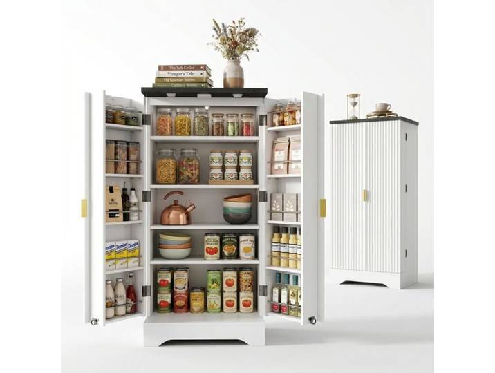 Buffet de cuisine - FURNITURER - FurnitureR - 60 5x40x120 cm - Blanc - LED & étagères réglables