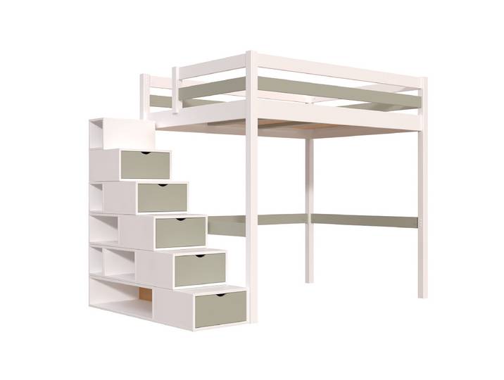 Lit mezzanine bois 140x200 Sylvia avec escalier cube 140x200 Blanc/Moka